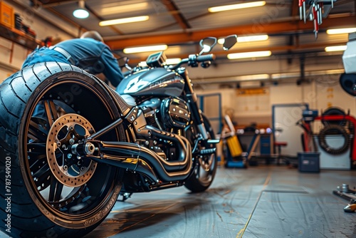 Skilled auto mechanic fine-tuning a high-performance motorcycle, captured in a state-of-the-art service bay with specialized tools, reflecting precision and expertise.