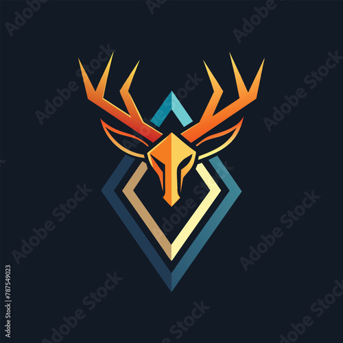 A deers head with majestic antlers against a stark black backdrop, Geometric shapes inspired by deer antlers, minimalist simple modern vector logo design