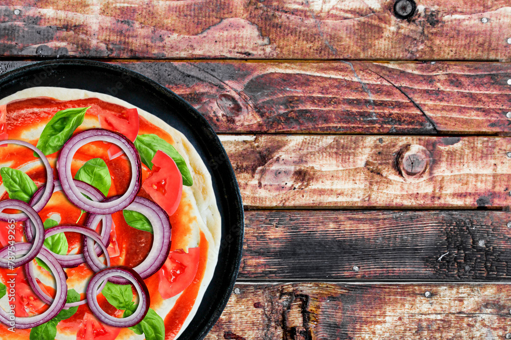 Pizza in a Pan with Wooden Background