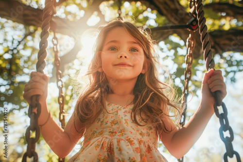 A Caucasian little girl in a summer dress with long hair rides on a swing in the park in backlight at sunset. Happy childhood, Close-up