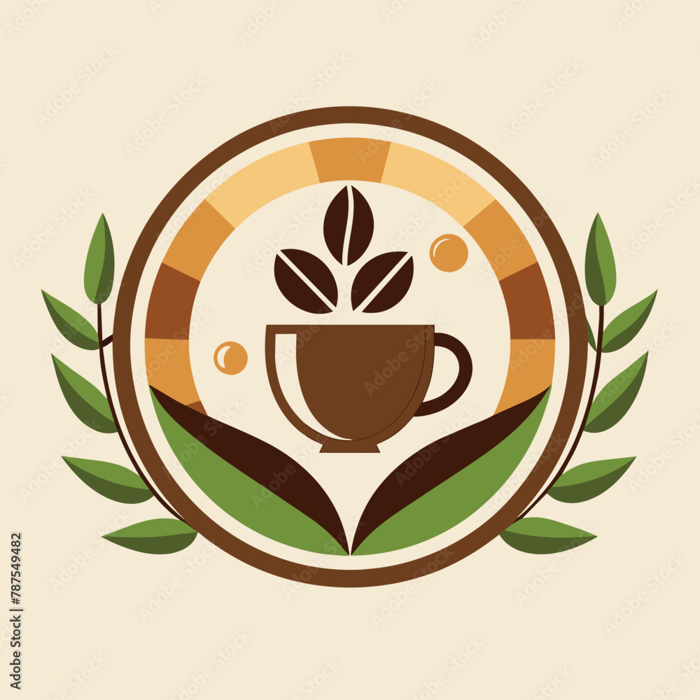 A coffee cup with leaves arranged around it, Incorporate elements of coffee cups and beans into a simple, minimalist logo A coffee cup with leaves arranged around it, Incorporate elements of coffee cups and beans into a simple, minimalist logo