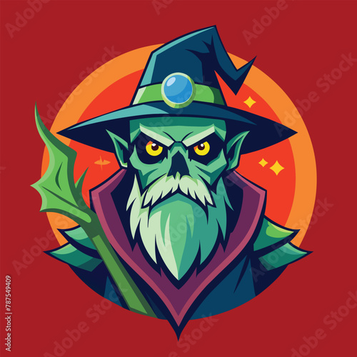 An illustration of a menacing wizard holding a hat and staff, showcasing dark magic, Illustration Vector Graphic, Zombie Evil Wizard Logo