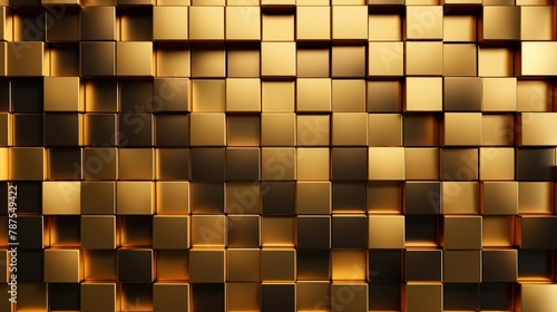 Luxurious golden background. Gold random mosaic decoration. Cubic backdrop. Glossy square shapes. Architectural abstraction. Interior concept.