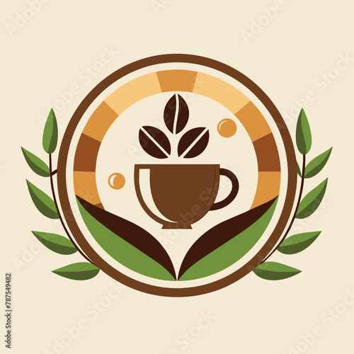 A coffee cup with leaves arranged around it, Incorporate elements of coffee cups and beans into a simple, minimalist logo