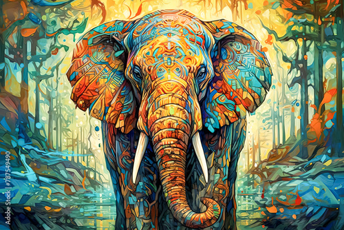 A colorful elephant is standing in a forest. © Алла Морозова