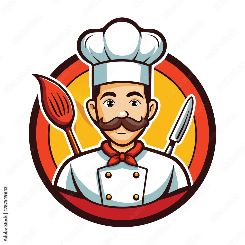 A chef with a mustache holding a spatula in his hand, Kitchen Chef Logo Design A chef with a mustache holding a spatula in his hand, Kitchen Chef Logo Design