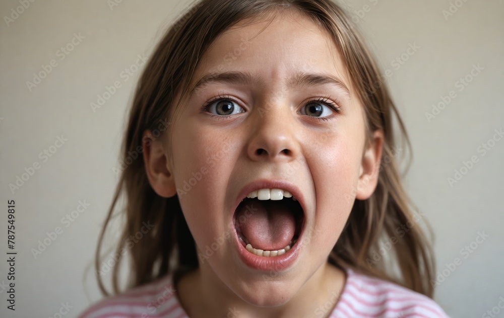 The little girl with her mouth wide open is screaming The little girl with her mouth wide open is screaming