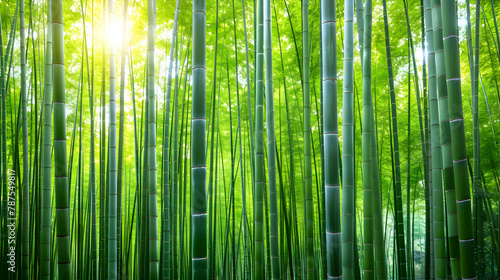 A dense bamboo forest  vertical panorama to emphasize the height and straight lines of the bamboo stalks