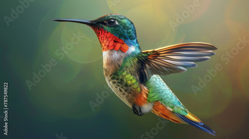A vibrant hummingbird hovering mid-air with wings outspread against a soft green backdrop. photo