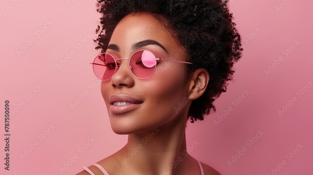 Stylish young woman in pink sunglasses on pink background