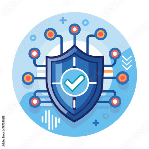 A shield shaped object with a check mark symbol displayed on it, Minimalist representation of cybersecurity, minimalist simple modern vector logo design