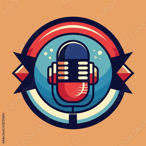 Close-up of a microphone with a red and blue microphone on top, against a plain background, Podcast radio logo icon. Vector illustration