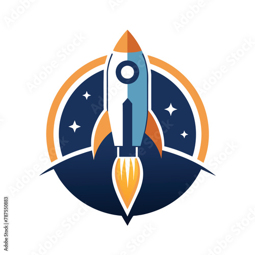A rocket ship flies through the air surrounded by stars in a dark sky, rocket launch logo vector template, minimalist simple modern vector logo design
