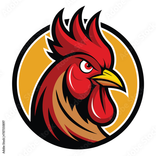 A close-up of a roosters head with a vibrant yellow circle around it, showcasing a striking logo design, rooster logo design vector