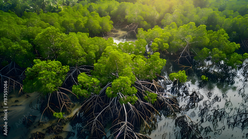 A dense mangrove forest, aerial photography to show the complex network of roots and water channels