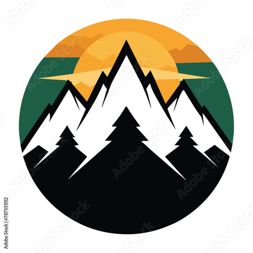 A mountain silhouette against a vibrant sunset background, simple mountain silhouette logo