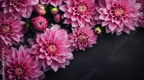 Blooming flowers spring banner - Colorful pink dahlia  isolated on dark background table  top view.
