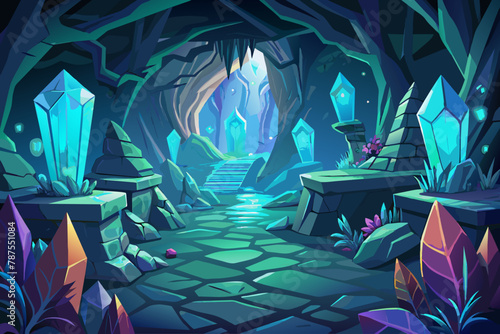 Mysterious cave filled with glowing crystals and ancient carvings Illustration, mystical cave filled with glowing crystals and ancient runes Illustration