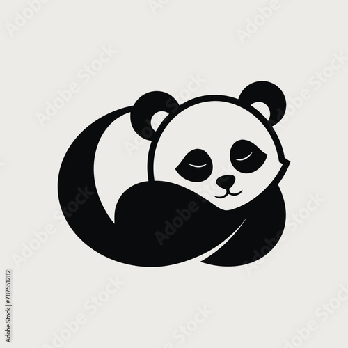 A black and white panda bear with closed eyes is peacefully sleeping, Sleeping panda logo design with minimal negative space concept
