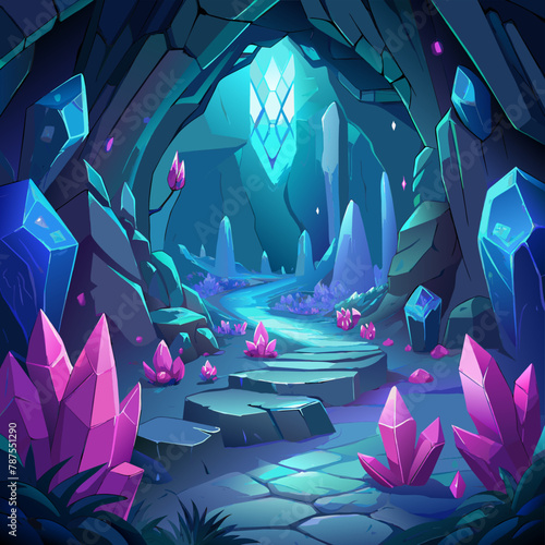 Mysterious cave filled with glowing crystals and ancient carvings Illustration, mystical cave filled with glowing crystals and ancient runes Illustration