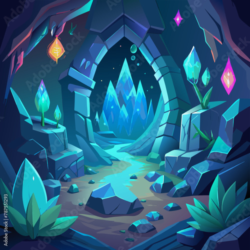 Mysterious cave filled with glowing crystals and ancient carvings Illustration, mystical cave filled with glowing crystals and ancient runes Illustration
