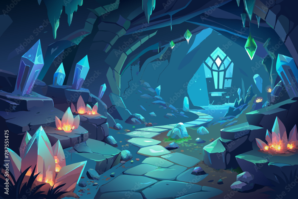 Mysterious cave filled with glowing crystals and ancient carvings Illustration, mystical cave filled with glowing crystals and ancient runes Illustration