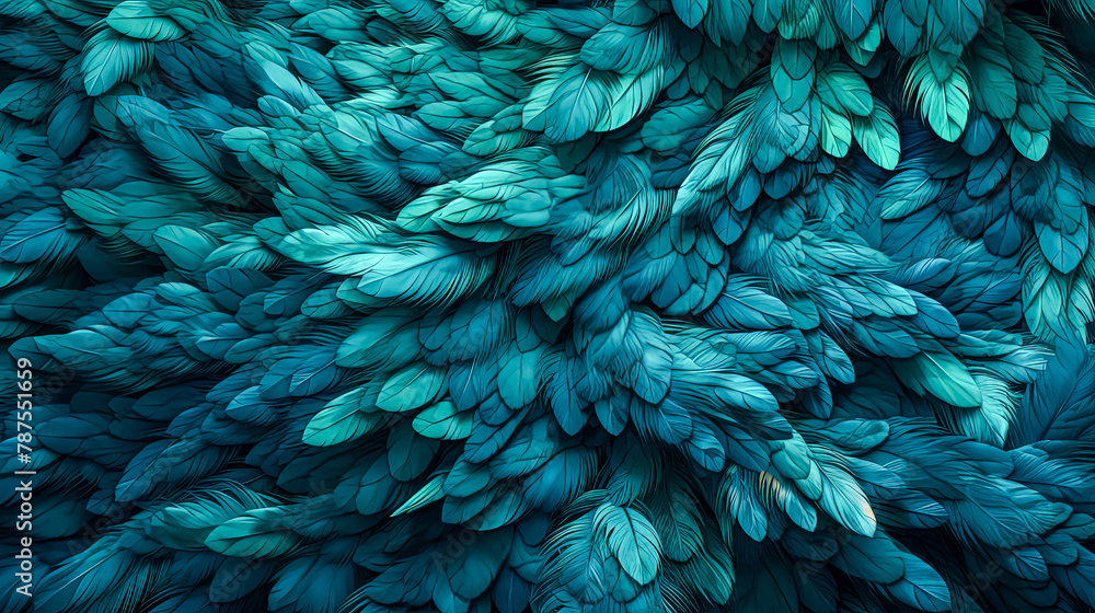 A blue and green feathery background with a lot of feathers