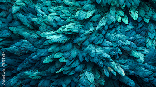 A blue and green feathery background with a lot of feathers