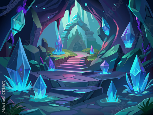 Mysterious cave filled with glowing crystals and ancient carvings Illustration, mystical cave filled with glowing crystals and ancient runes Illustration