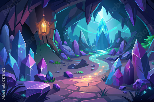 Mysterious cave filled with glowing crystals and ancient carvings Illustration, mystical cave filled with glowing crystals and ancient runes Illustration