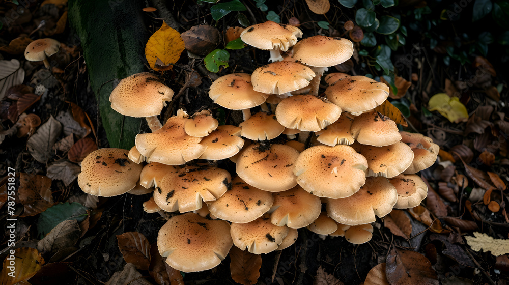A dense patch of forest mushrooms, shot with a ring light to illuminate the details under the dark canopy A dense patch of forest mushrooms, shot with a ring light to illuminate the details under the dark canopy