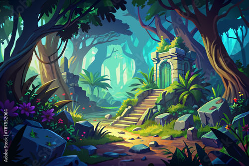 Mystical forest with ancient ruins and hidden treasures Illustration
