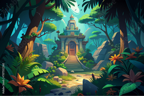 Mystical temple hidden in a lush jungle Illustration