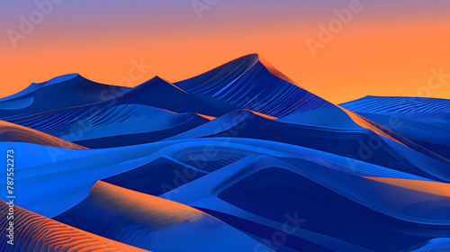 A desert at twilight  the sand taking on cool blue tones while the sky above transitions from orange to deep blue  gradient filter to enhance the skya  s drama