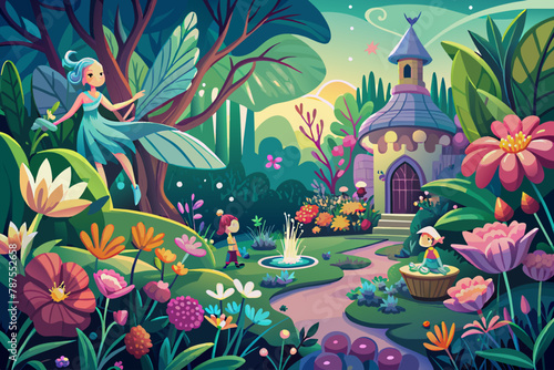 An enchanted garden with blooming flowers and mischievous fairies Illustration