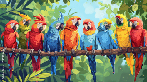 A row of vividly colored parrots perch on a branch in a lush jungle setting, showcasing their tropical beauty. photo