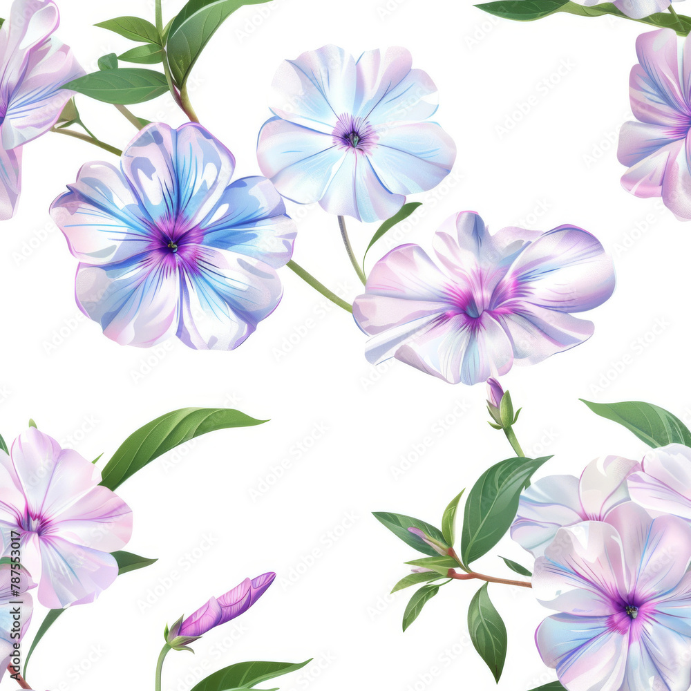 Fototapeta premium Seamless pattern featuring blue and pink flowers with lush green leaves on a white background.