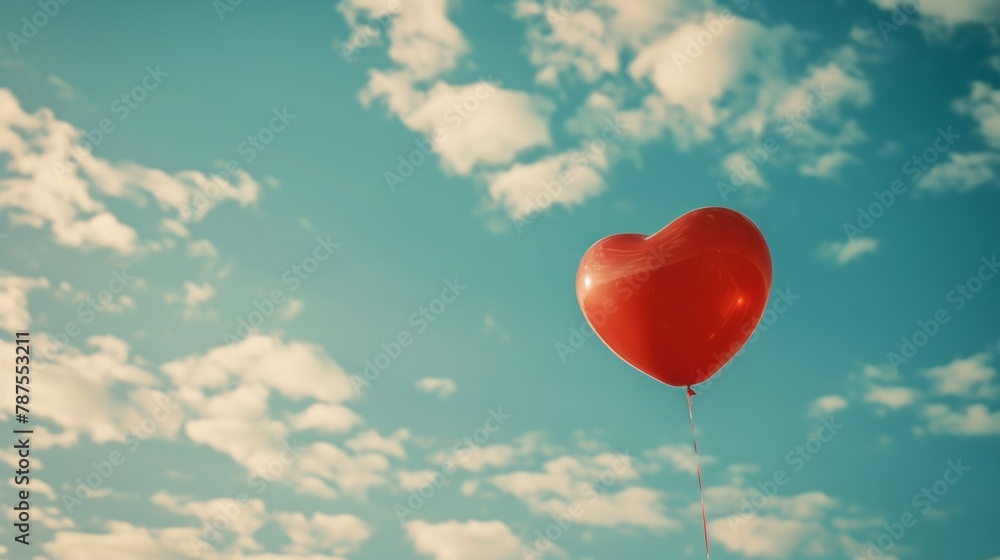 A red heart shaped balloon flying in the sky with a blue cloudy background, AI A red heart shaped balloon flying in the sky with a blue cloudy background, AI