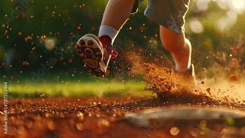 The cleats of a teenager running for home base during a baseball game as dirt sprays in the air. Pushing shot in slow motion freezing the action as the camera moves. photo