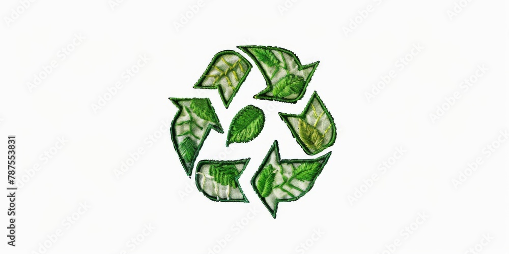 A simple green recycling symbol with leaf patterns, in the style of embroidery on a white background. A simple green recycling symbol with leaf patterns, in the style of embroidery on a white background.