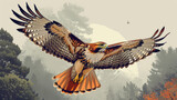 Artwork of a red-tailed hawk in flight over a forest with autumn foliage, evoking freedom and nature.