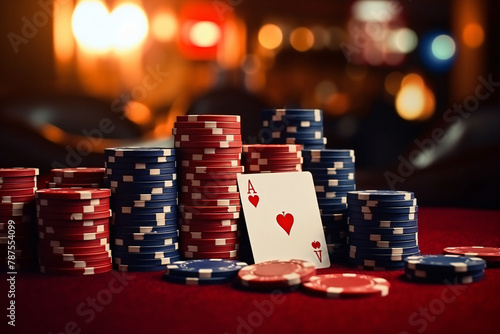 Poker chips, Casino cards game, Internet gambling concept, playing cards in on blurry background. Casino banner