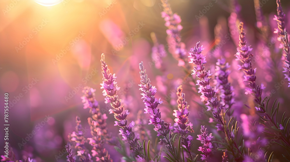 Fototapeta premium A field of bright purple heather in bloom, shot during the golden hour to enhance the natural colors with soft, warm lighting