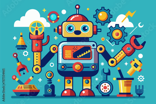 Quirky robot repairing with a variety of quirky mechanical beings vector Illustration © SaroStock