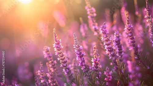 A field of bright purple heather in bloom  shot during the golden hour to enhance the natural colors with soft  warm lighting