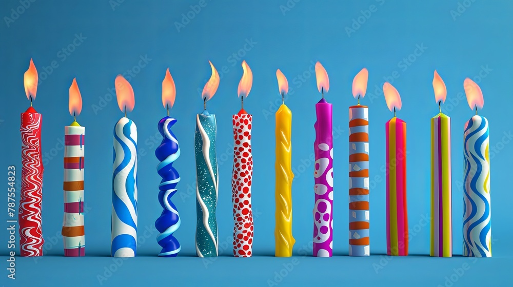 Assorted Birthday Candles Lit in Celebration Against Blue Assorted Birthday Candles Lit in Celebration Against Blue