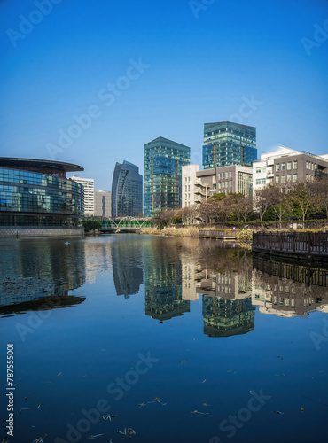 Glass Office Towers Overlooking Serene Urban Lake