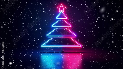 Neon Christmas tree. Falling snowflakes. Falling snowflakes effect. Looped snow. Minimalistic background. Neon. Minimalistic style. Generative AI. photo