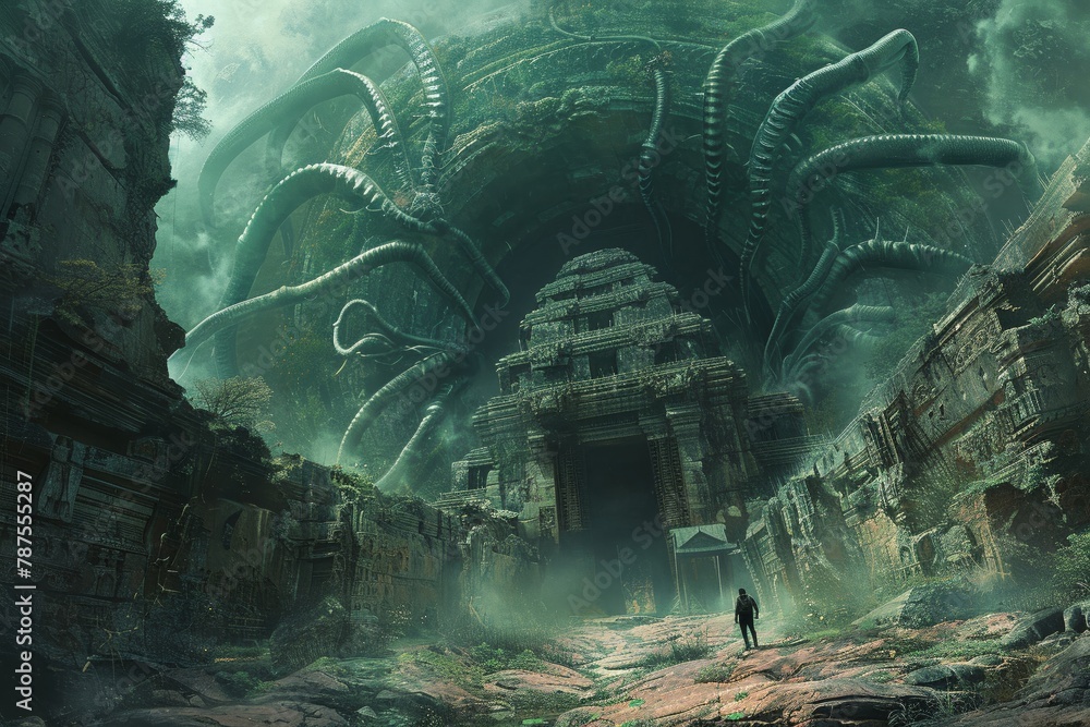 Gigantic centipedes encircling a forgotten temple, a living labyrinth - obrazy, fototapety, plakaty 