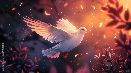 Artistic rendering of a graceful white dove flying amidst twilight glow and flora.